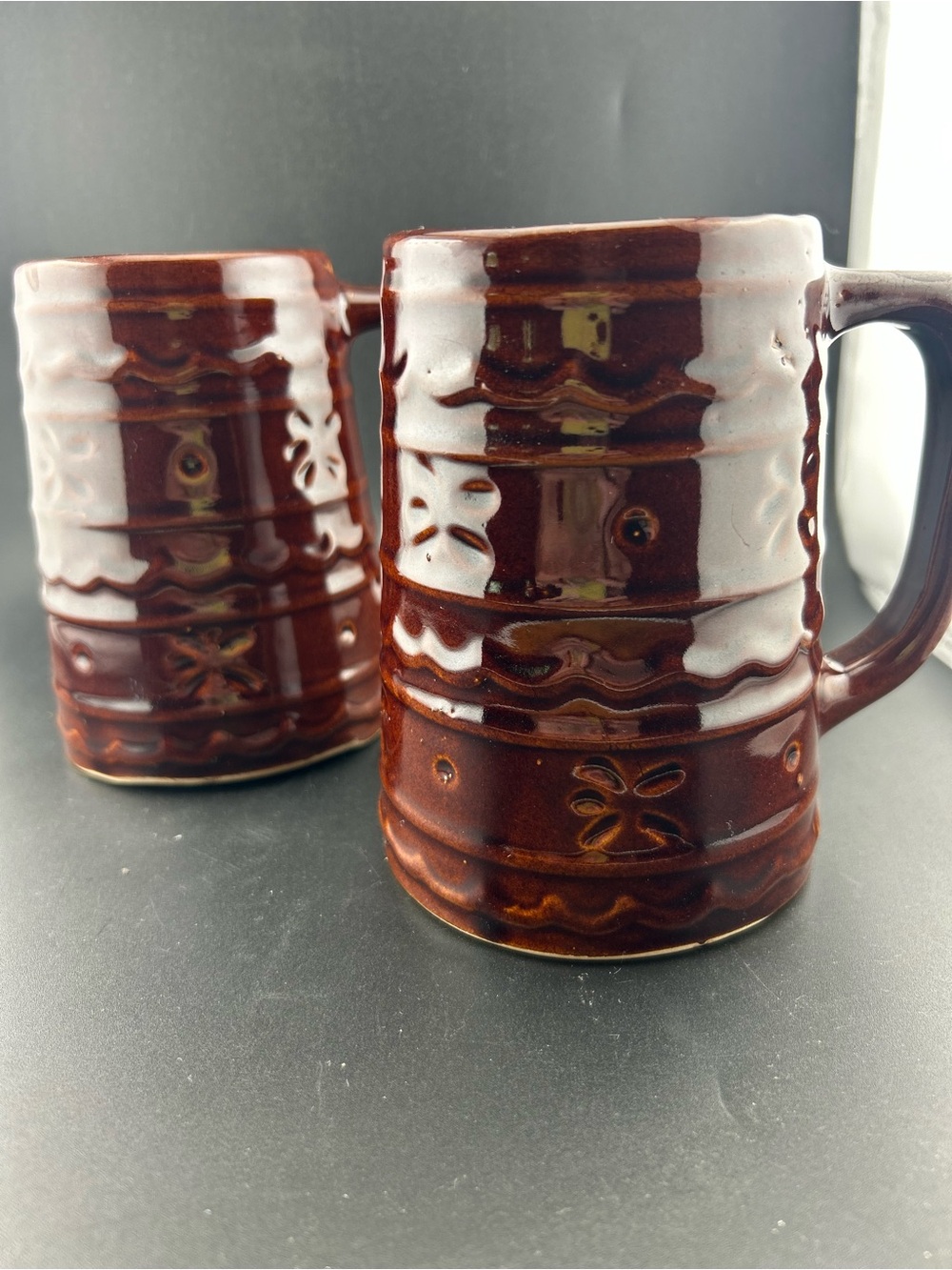 Vintage Marquest Daisy Dot Brown Stoneware Beer Mug Stein Set of 2 MCM USA